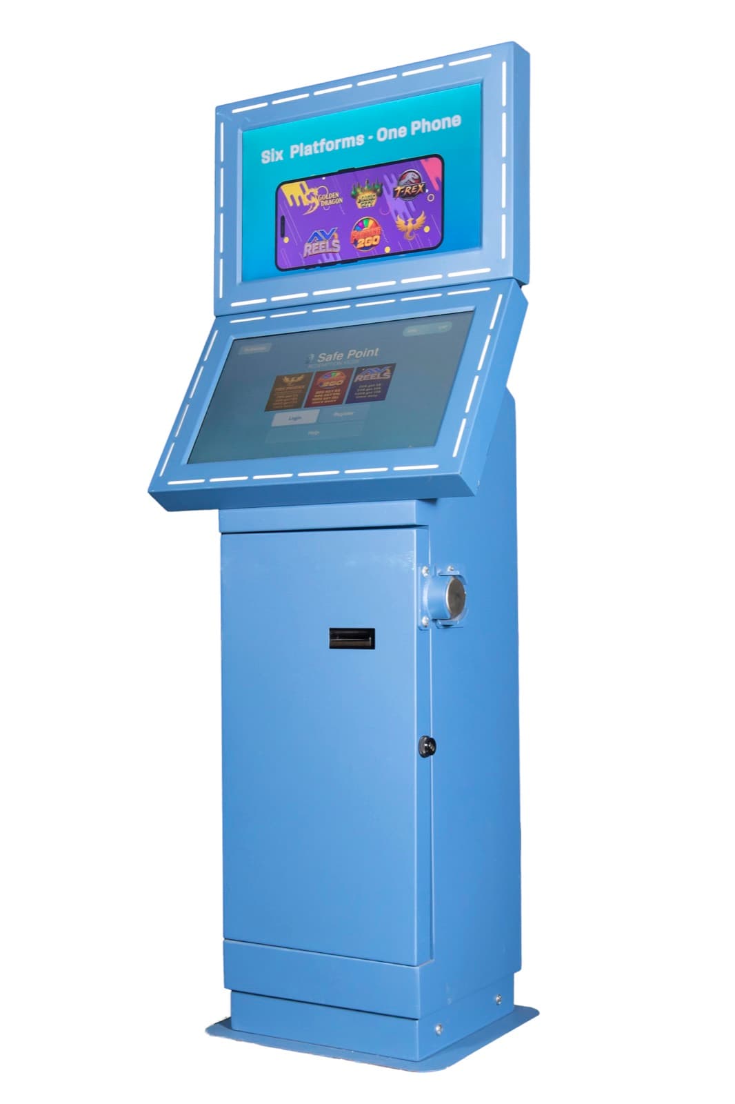 SafePoint Kiosk dual-screen cabinet in blue, side view
