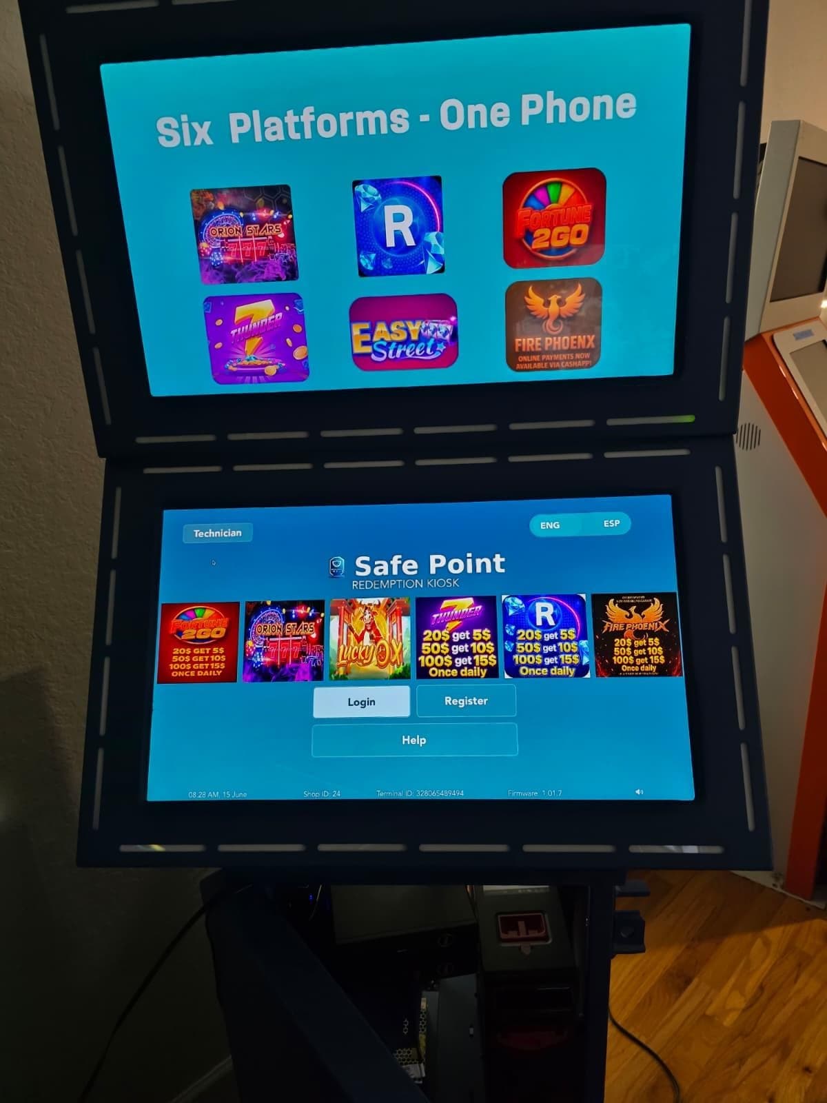 SafePoint Kiosk dual-screen unit live in the field, showing the game selection screen