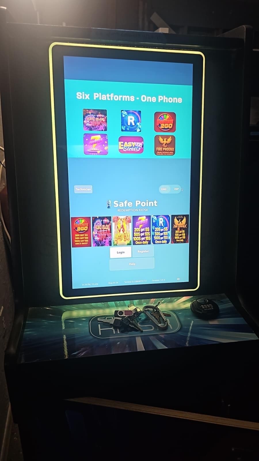 SafePoint Kiosk single-screen unit live in the field, showing the game selection screen